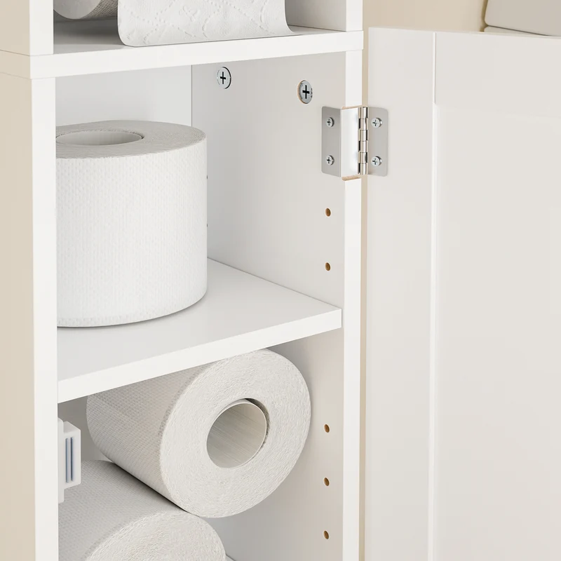 SoBuy FRG177-II-W Meuble Salle de Bain 20 cm de Largeur sur Pied avec Support Papier et Porte - Petit Meuble WC Rangement Gain de Place Blanc
