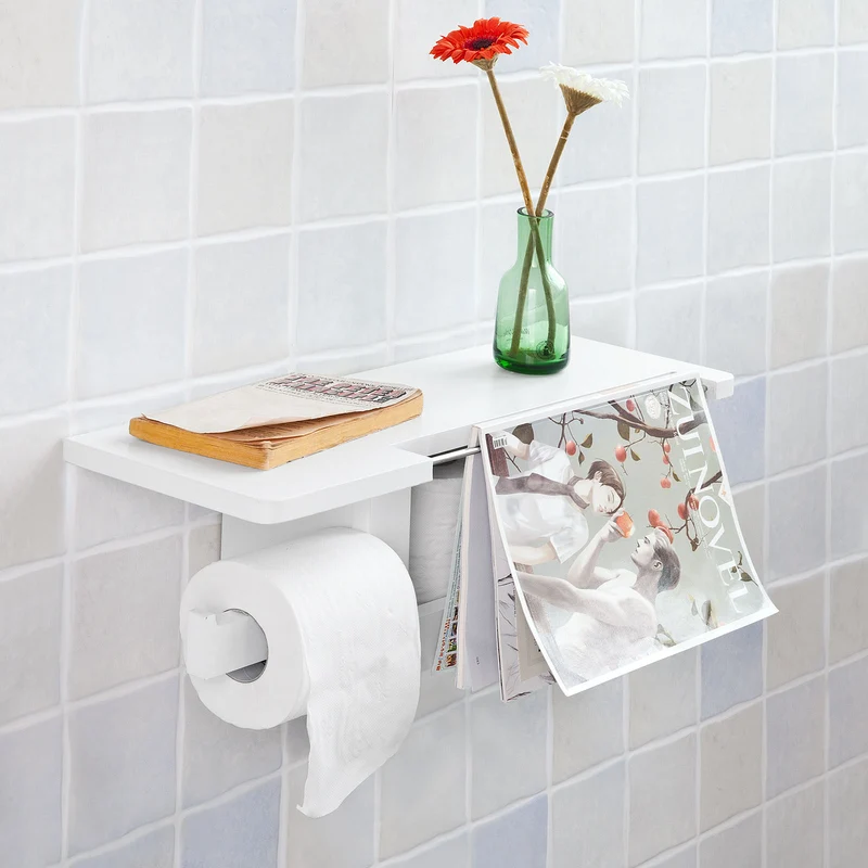 sobuyes.shopG175-W Dérouleur Papier Toilette Distributeur WC Porte Papier Mural avec Support pour Déposer Smartphone et Porte-revues