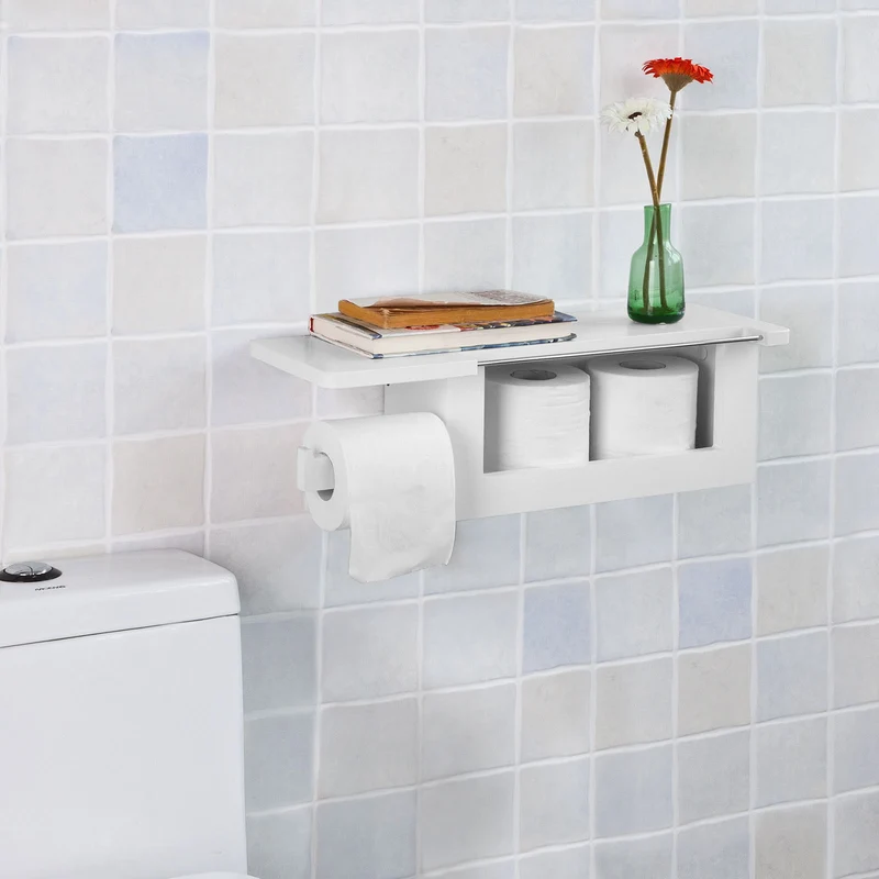 sobuyes.shopG175-W Dérouleur Papier Toilette Distributeur WC Porte Papier Mural avec Support pour Déposer Smartphone et Porte-revues