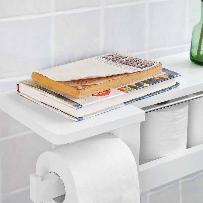 sobuyes.shopG175-W Dérouleur Papier Toilette Distributeur WC Porte Papier Mural avec Support pour Déposer Smartphone et Porte-revues