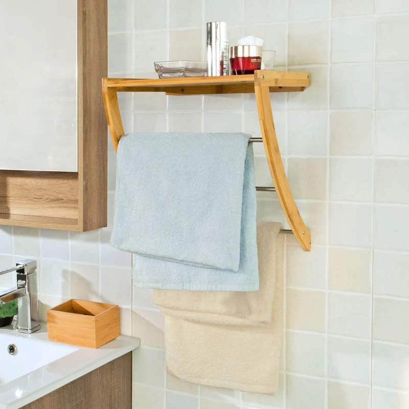 sebuyfr.comG47-N Porte-serviettes mural en bambou et Inox avec 1 tablette et 3 barres