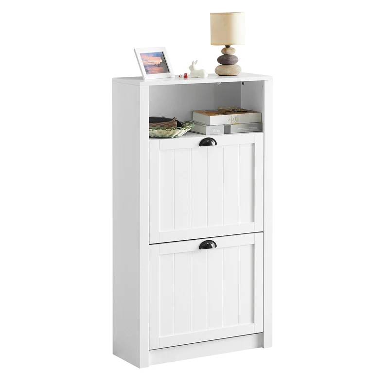 SoBuy FSR87-K-W Armoire à Chaussures 2 Abattants et Compartiment Ouvert – 60×24×110 cm, 50 kg, MDF E1, Blanc
