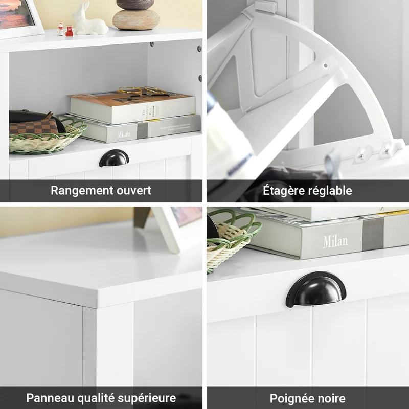 SoBuy FSR87-K-W Armoire à Chaussures 2 Abattants et Compartiment Ouvert – 60×24×110 cm, 50 kg, MDF E1, Blanc