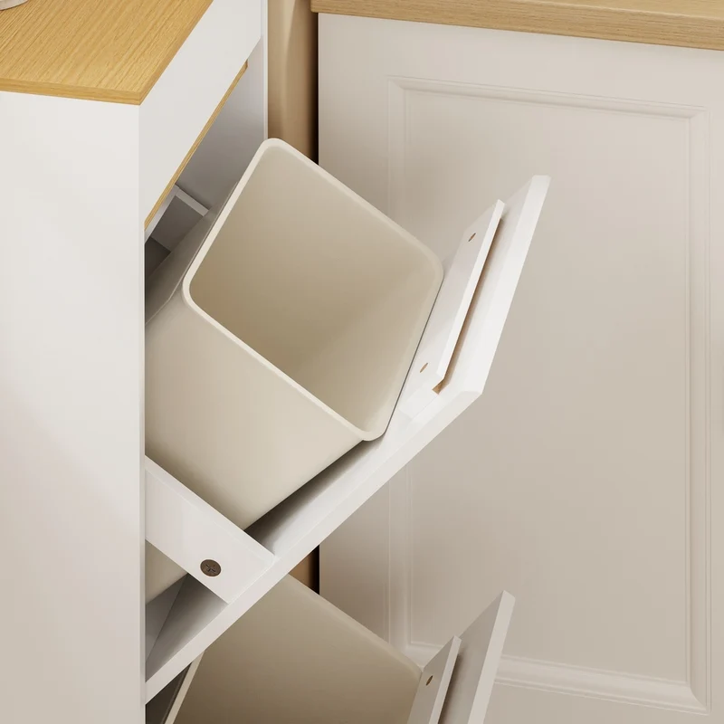 SoBuy FSB112-WN Meuble Poubelle 2 Compartiments avec Pédale et Tiroir – Rangement Blanc Aspect Chêne – 35×25×101,7 cm, Blanc et Chêne