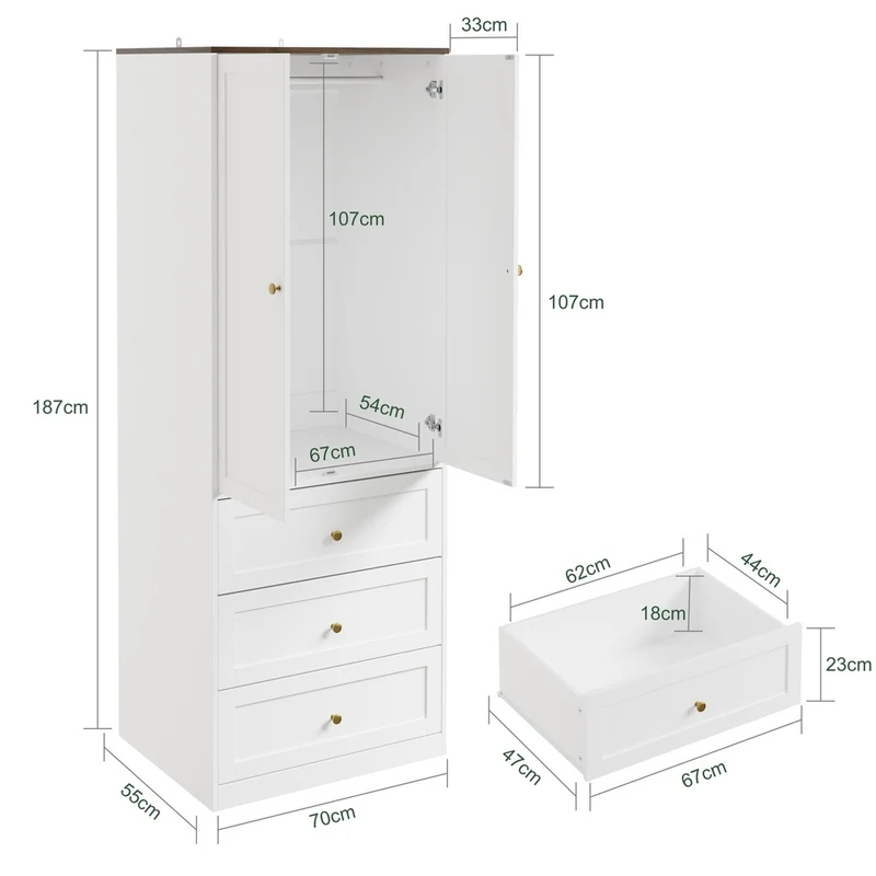 SoBuy KSB04-W Armoire 2 Portes avec 3 Tiroirs et Penderie – Design Moderne Gain de Place – 70×55×187 cm, Blanc et Bois