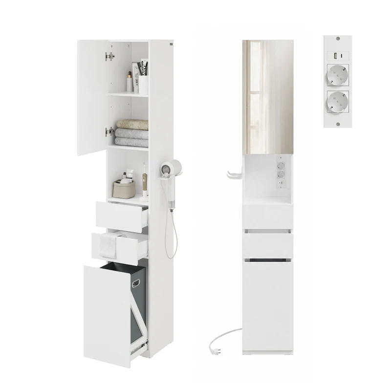 SoBuy BZR240-E-W Colonne de Salle de Bain Étroite avec Miroir et Éclairage – Prise Intégrée et Port USB-A, 2 Tiroirs – 30×30×180,5 cm, Blanc