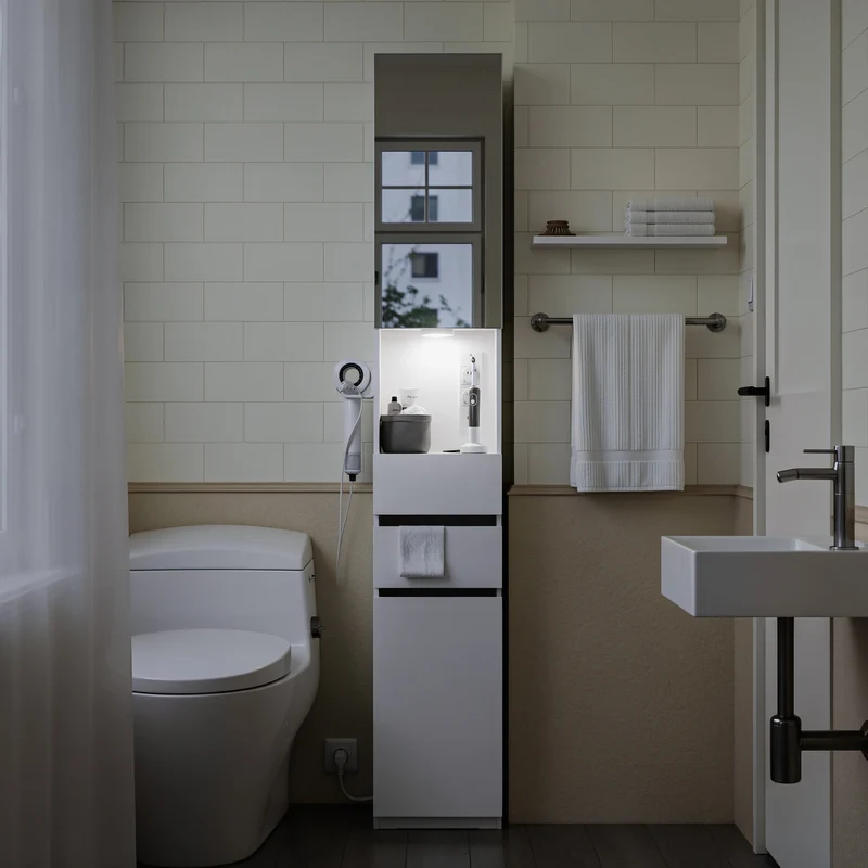 SoBuy BZR240-E-W Colonne de Salle de Bain Étroite avec Miroir et Éclairage – Prise Intégrée et Port USB-A, 2 Tiroirs – 30×30×180,5 cm, Blanc