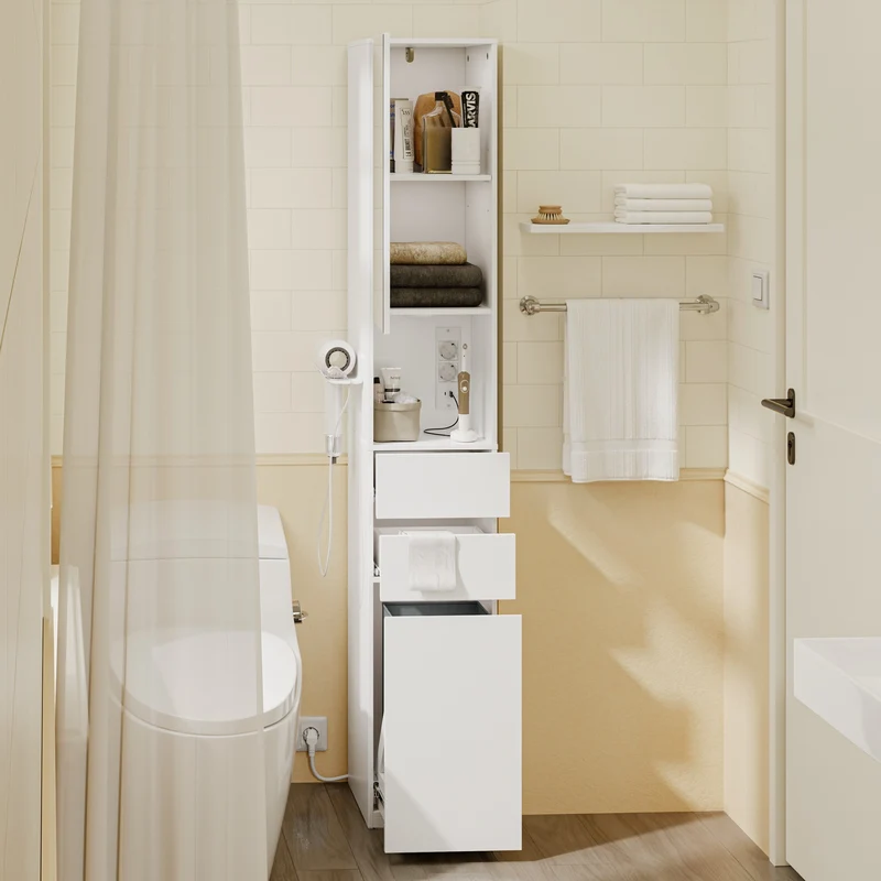 SoBuy BZR240-E-W Colonne de Salle de Bain Étroite avec Miroir et Éclairage – Prise Intégrée et Port USB-A, 2 Tiroirs – 30×30×180,5 cm, Blanc