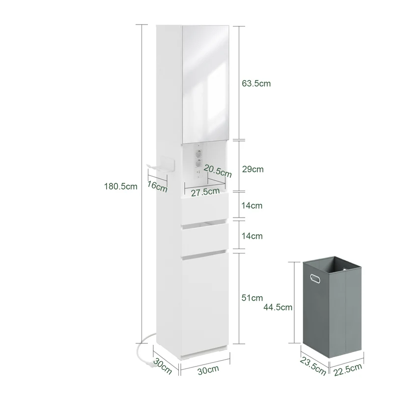 SoBuy BZR240-E-W Colonne de Salle de Bain Étroite avec Miroir et Éclairage – Prise Intégrée et Port USB-A, 2 Tiroirs – 30×30×180,5 cm, Blanc
