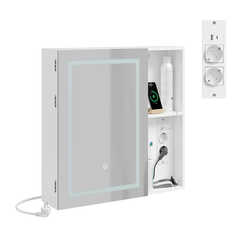 SoBuy BZR239-E-W Armoire Miroir de Salle de Bain avec LED et Prises – Meuble Mural, Étagères – 60×15,5×60 cm, Blanc