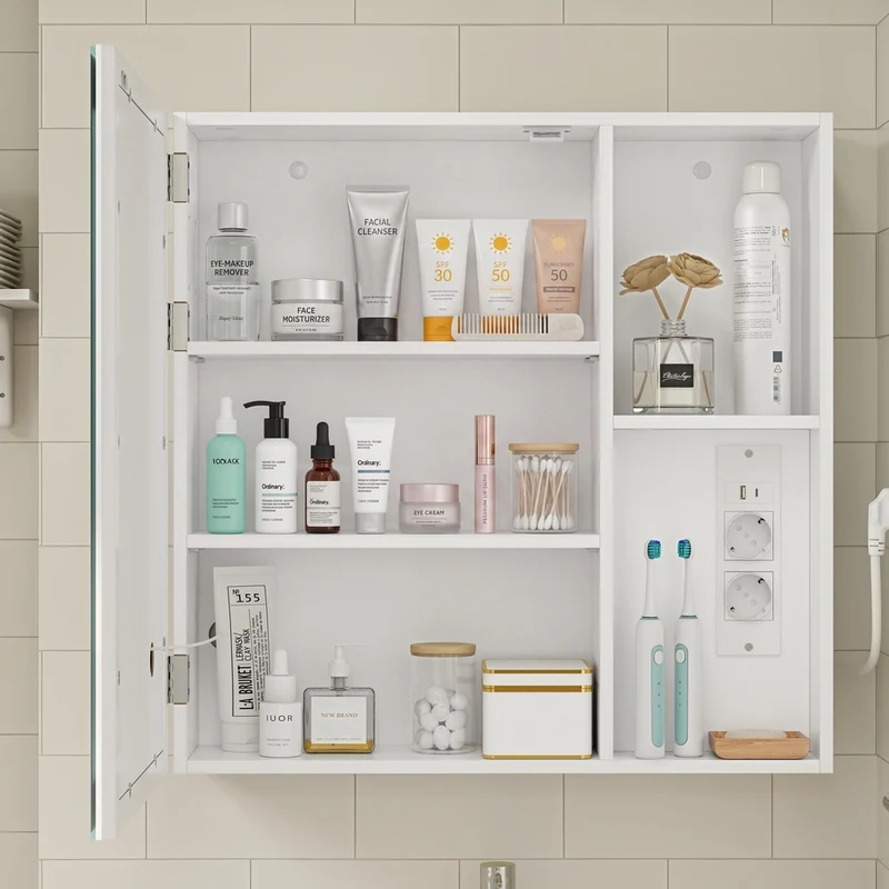 SoBuy BZR239-E-W Armoire Miroir de Salle de Bain avec LED et Prises – Meuble Mural, Étagères – 60×15,5×60 cm, Blanc