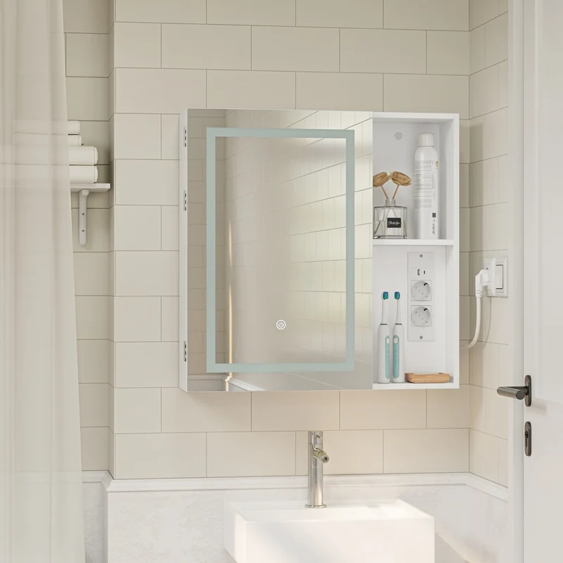 SoBuy BZR239-E-W Armoire Miroir de Salle de Bain avec LED et Prises – Meuble Mural, Étagères – 60×15,5×60 cm, Blanc