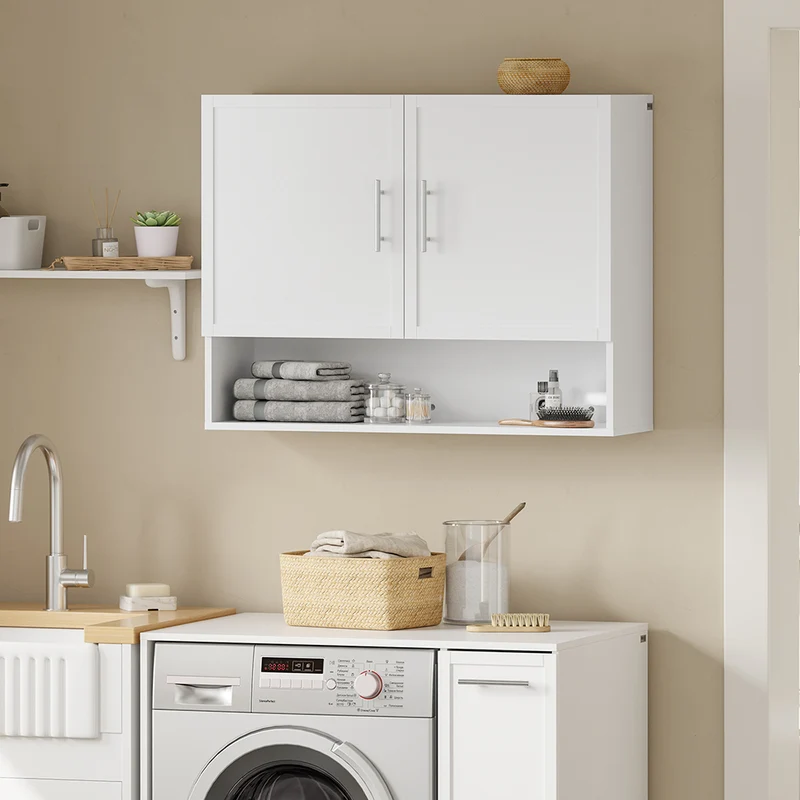 SoBuy BZR233-W Armoire Murale 2 Portes avec Étagère Réglable – Meuble Suspendu Salle de Bain – 90×70×28,5 cm, Blanc