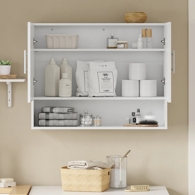 SoBuy BZR233-W Armoire Murale 2 Portes avec Étagère Réglable – Meuble Suspendu Salle de Bain – 90×70×28,5 cm, Blanc
