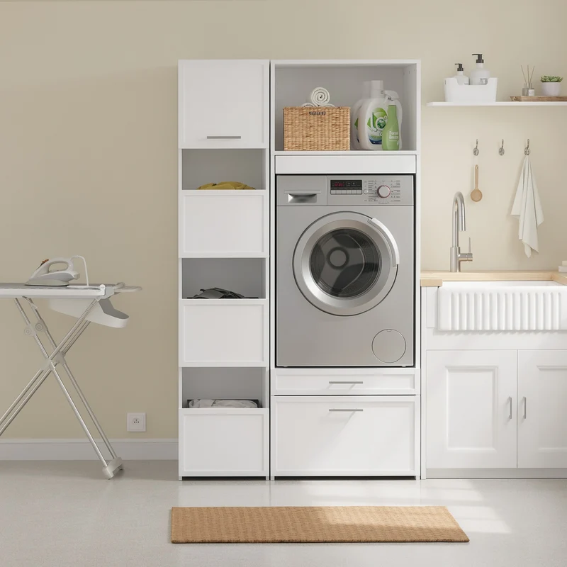 SoBuy BZR232-W Armoire de Rangement 4 Portes pour Buanderie – Compartiments Ouverts et Étagères – 60×40×186,4 cm, Blanc