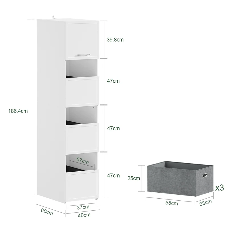 SoBuy BZR232-W Armoire de Rangement 4 Portes pour Buanderie – Compartiments Ouverts et Étagères – 60×40×186,4 cm, Blanc