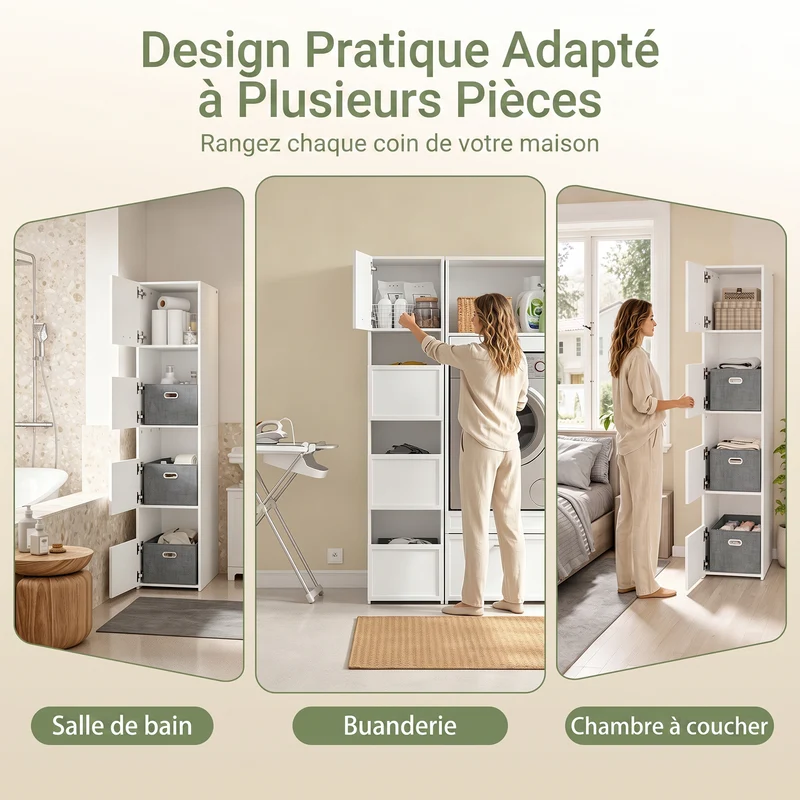 SoBuy BZR232-W Armoire de Rangement 4 Portes pour Buanderie – Compartiments Ouverts et Étagères – 60×40×186,4 cm, Blanc