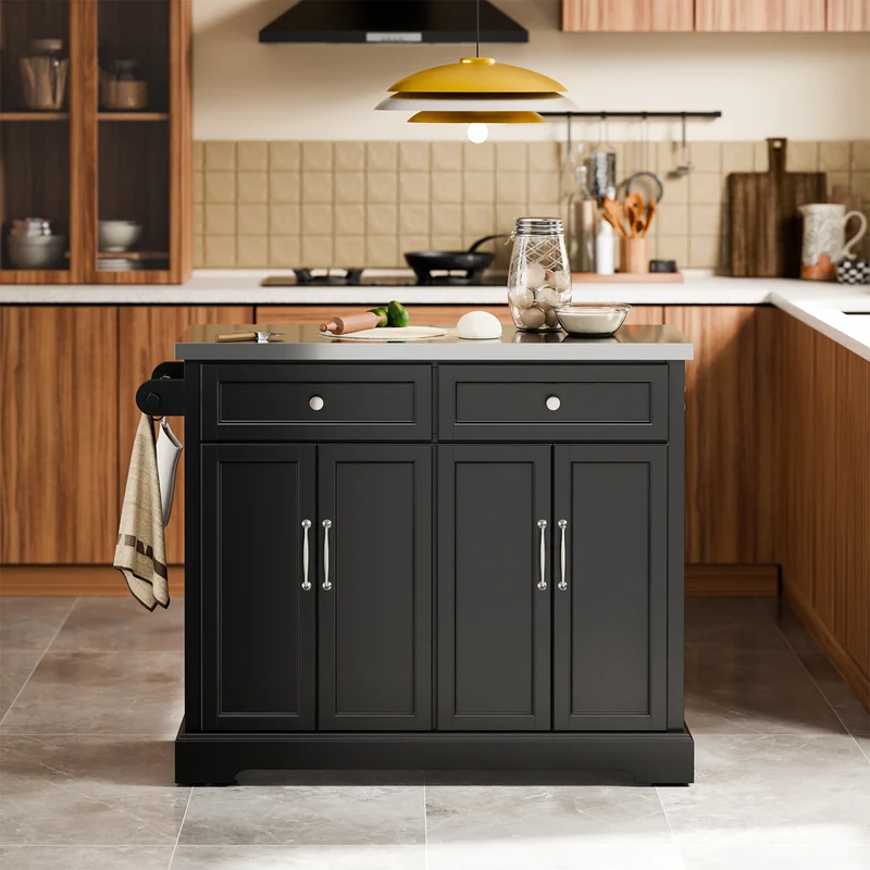 SoBuy FKW71-III-SCH Îlot de Cuisine Mobile avec Plan Inox Extensible 46–71 cm – 2 Tiroirs, Étagères Réglables, Noir