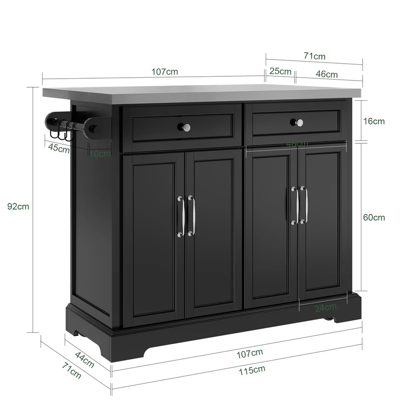 SoBuy FKW71-III-SCH Îlot de Cuisine Mobile avec Plan Inox Extensible 46–71 cm – 2 Tiroirs, Étagères Réglables, Noir
