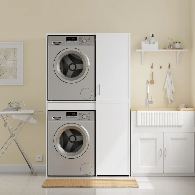 SoBuy BZR231-W Meuble Lave-Linge et Sèche-Linge avec Armoire – Tiroir, Étagères Réglables – 110×60,1×186 cm, Blanc