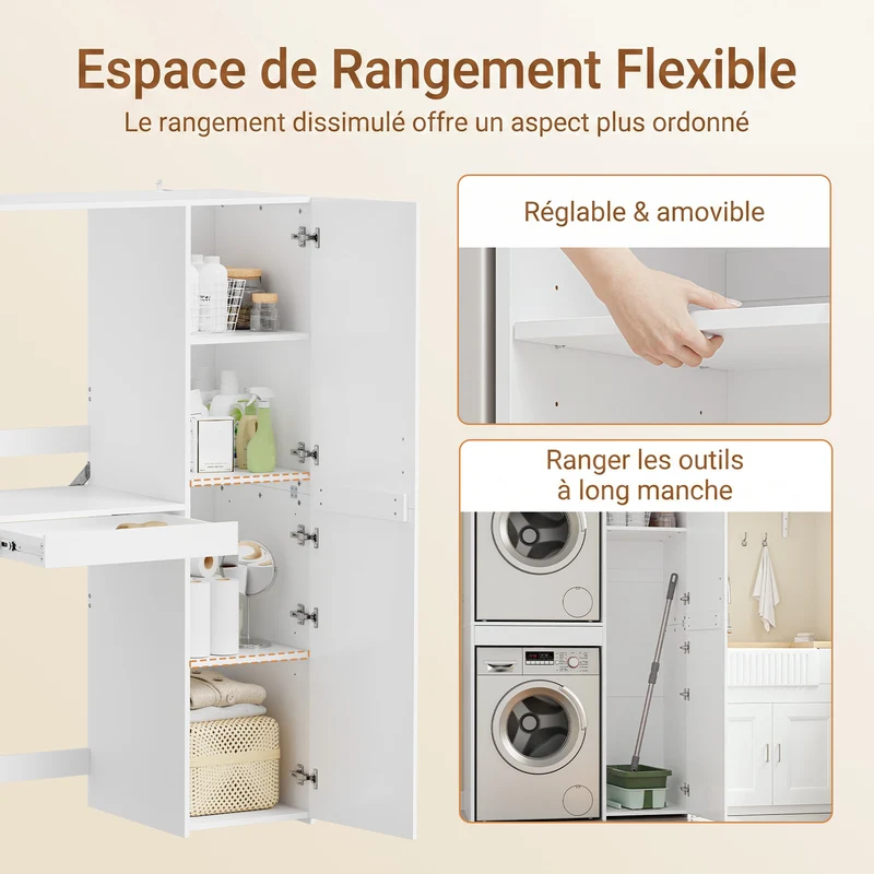 SoBuy BZR231-W Meuble Lave-Linge et Sèche-Linge avec Armoire – Tiroir, Étagères Réglables – 110×60,1×186 cm, Blanc