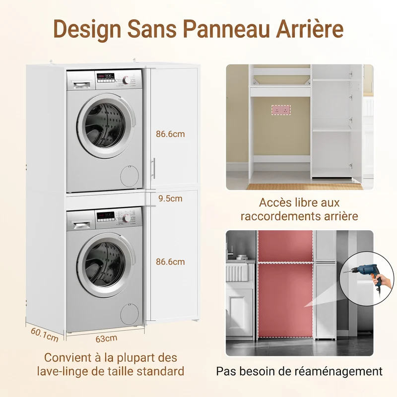 SoBuy BZR231-W Meuble Lave-Linge et Sèche-Linge avec Armoire – Tiroir, Étagères Réglables – 110×60,1×186 cm, Blanc