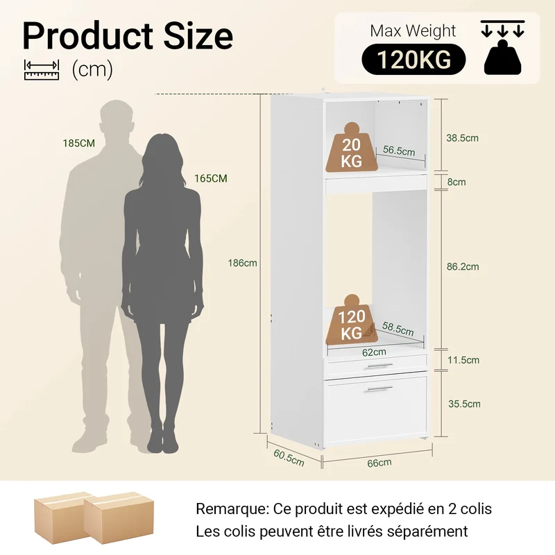 SoBuy BZR230-W Colonne de Buanderie pour Lave-Linge avec 2 Tiroirs – Penderie Escamotable, MDF – 66×60,5×186 cm, Blanc