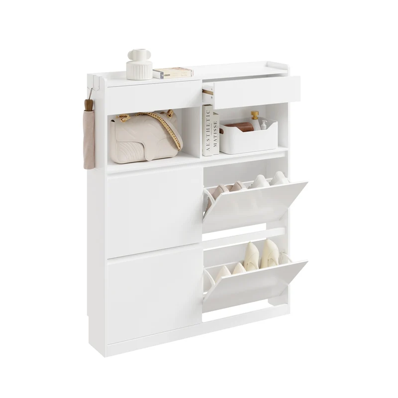 SoBuy FSR224-E-W Meuble à Chaussures Étroit avec LED et 2 Tiroirs – Abattants, 12 Paires – 98×19×120 cm, Blanc