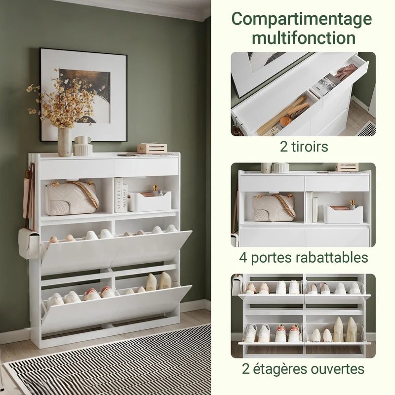 SoBuy FSR224-E-W Meuble à Chaussures Étroit avec LED et 2 Tiroirs – Abattants, 12 Paires – 98×19×120 cm, Blanc