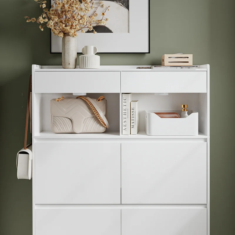 SoBuy FSR224-E-W Meuble à Chaussures Étroit avec LED et 2 Tiroirs – Abattants, 12 Paires – 98×19×120 cm, Blanc