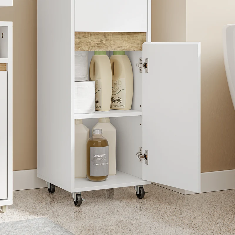 SoBuy BZR225-WN Colonne de Salle de Bain sur Roulettes avec Tiroir – Porte et Étagère, Rangement Vertical – 33×30×91 cm, Blanc