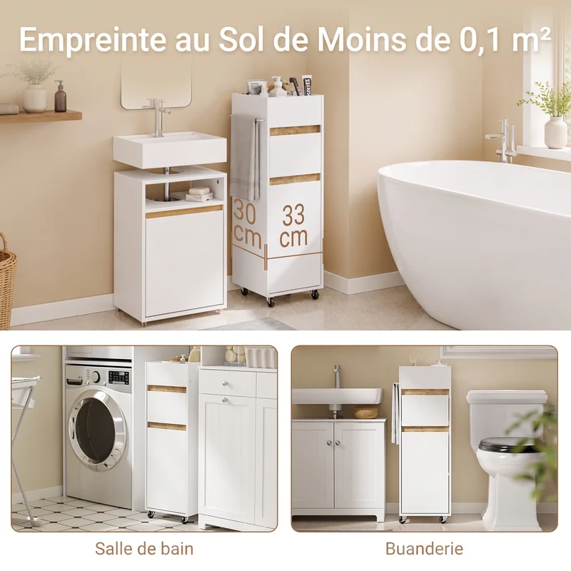 SoBuy BZR225-WN Colonne de Salle de Bain sur Roulettes avec Tiroir – Porte et Étagère, Rangement Vertical – 33×30×91 cm, Blanc