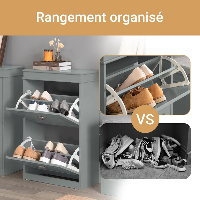 SoBuy FSR78-HG Armoire à Chaussures 2 Abattants Slim 24cm – 8 Paires, Dos Aéré, FSC®, Gris, 54x24x83 cm