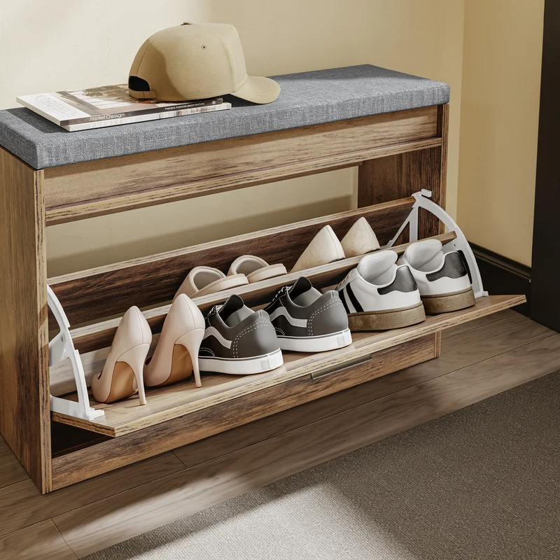 SoBuy FSR218-F Banc à Chaussures avec Coussin Amovible et 1 Abattant – Slim 24 cm, 6-8 Paires, Charge 123 kg – Bois et Gris