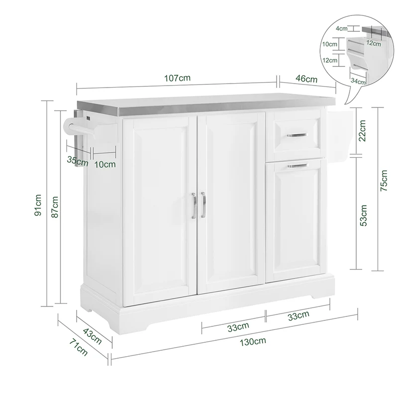 SoBuy FKW128-II-ST Chariot de Cuisine avec Tiroirs et Plan Rabattable – Îlot Pliable, Rangement – 107×71×91 cm, Blanc