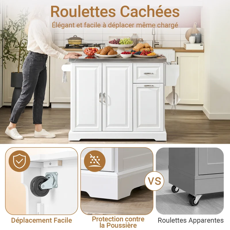 SoBuy FKW128-II-ST Chariot de Cuisine avec Tiroirs et Plan Rabattable – Îlot Pliable, Rangement – 107×71×91 cm, Blanc