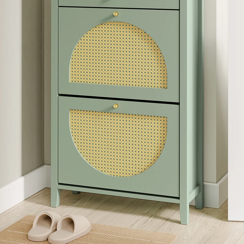 SoBuy FSR223-GR Armoire à Chaussures Cannage 2 Abattants et 1 Tiroir – 12 Paires, Meuble d'Entrée – 62×25×97 cm, Vert
