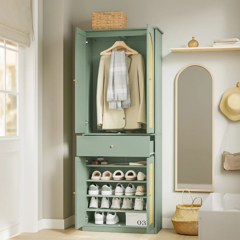 SoBuy FSB107-GR Armoire à Chaussures en Cannage avec Penderie Intégrée – 1 Tiroir, Meuble d'Entrée – 70×34×180 cm, Vert