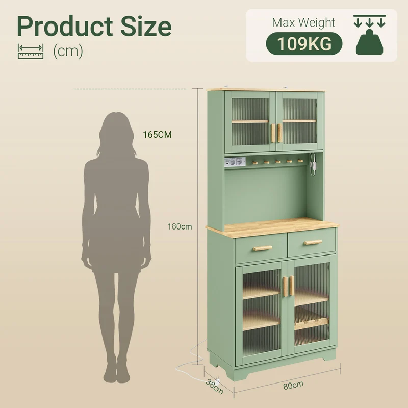SoBuy FSB108-E-GR Buffet de Cuisine avec Éclairage LED et Prises USB – 4 Portes Vitrées, 2 Tiroirs, 6 Étagères – 80×38×180 cm, Vert Sauge