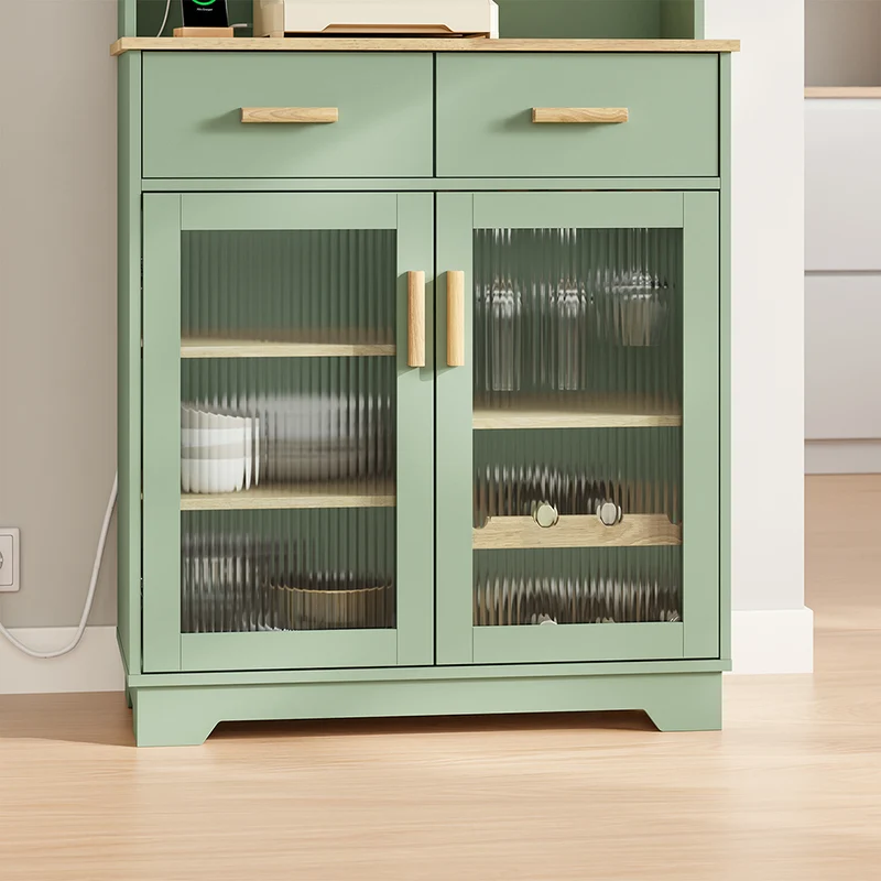 SoBuy FSB108-E-GR Buffet de Cuisine avec Éclairage LED et Prises USB – 4 Portes Vitrées, 2 Tiroirs, 6 Étagères – 80×38×180 cm, Vert Sauge