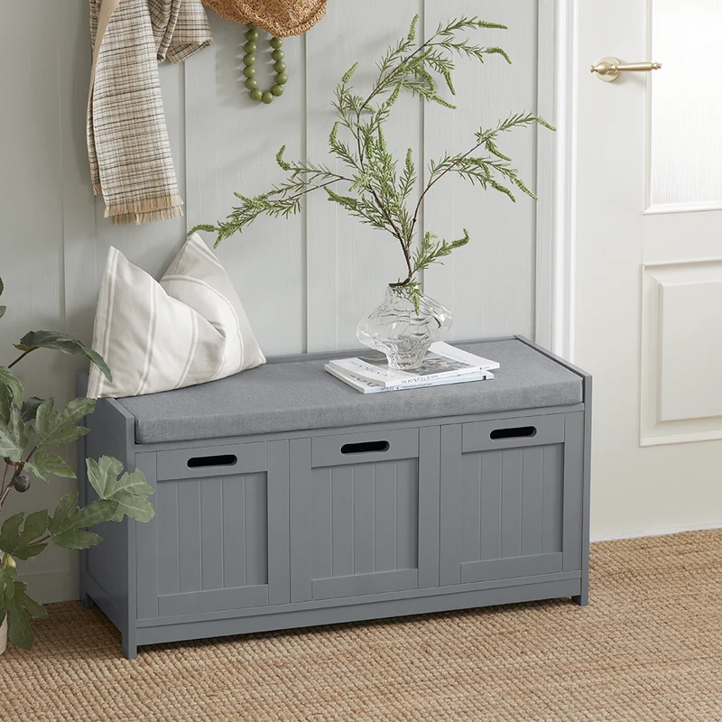 SoBuy FSR80-SG Banc à Chaussures avec Coussin Rembourré, 2 Portes et 1 Cube de Rangement pour Entrée – 90x35x45 cm, Gris Argenté