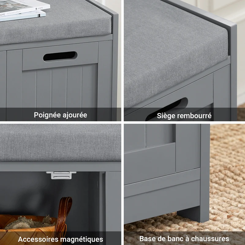 SoBuy FSR80-SG Banc à Chaussures avec Coussin Rembourré, 2 Portes et 1 Cube de Rangement pour Entrée – 90x35x45 cm, Gris Argenté