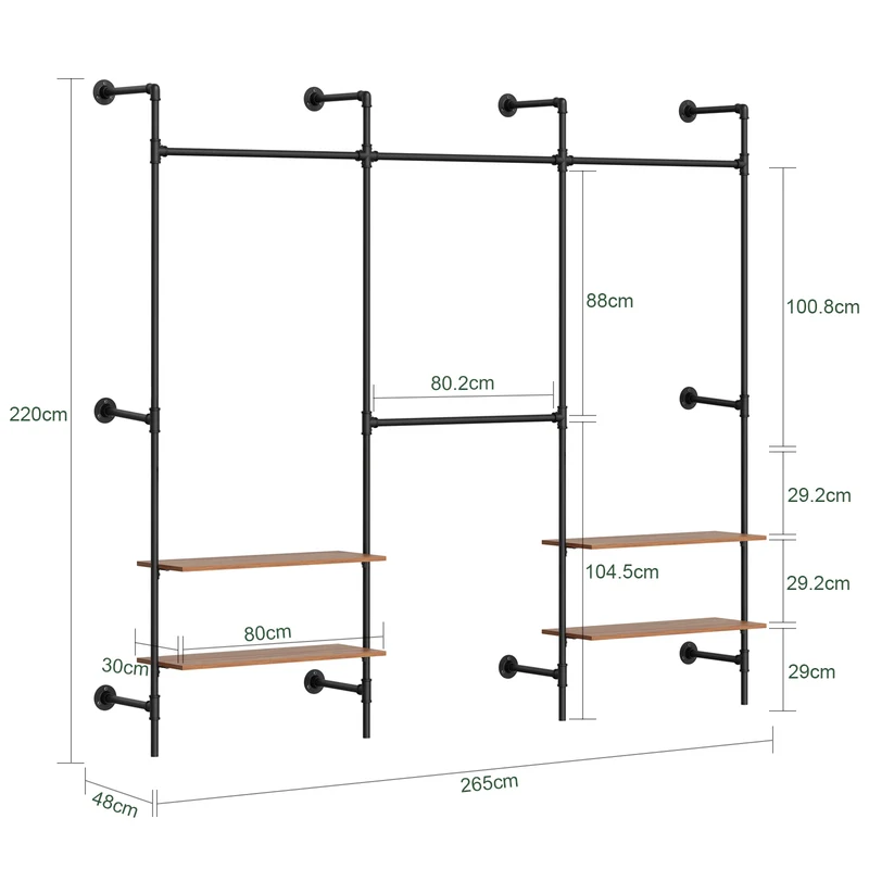 SoBuy KLS19-SCH Portant à Vêtements Mural 265cm, 4 Tringles et 4 Étagères MDF, Charge 120 kg, Fixation Murale et Sol – 265x48x220 cm, Industriel Noir