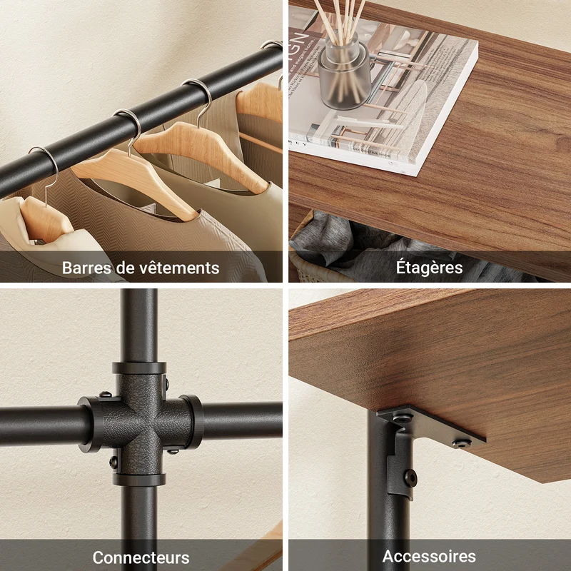SoBuy KLS19-SCH Portant à Vêtements Mural 265cm, 4 Tringles et 4 Étagères MDF, Charge 120 kg, Fixation Murale et Sol – 265x48x220 cm, Industriel Noir