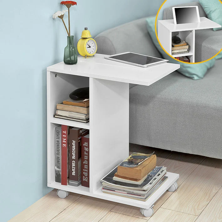 SoBuy FBT48-W Table d'appoint C-Fonctionnelle avec 2 étagères de Rangement & Support pour Tablette, Table Basse Moderne sur roulettes, Blanche