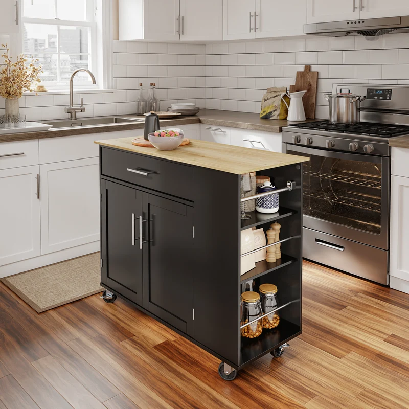 SoBuy FKW133-SCH Desserte de Cuisine à Roulettes – Plan Bois 99 cm, Tiroir, Placard 2 Portes, 3 Étagères, 75 kg | Noir