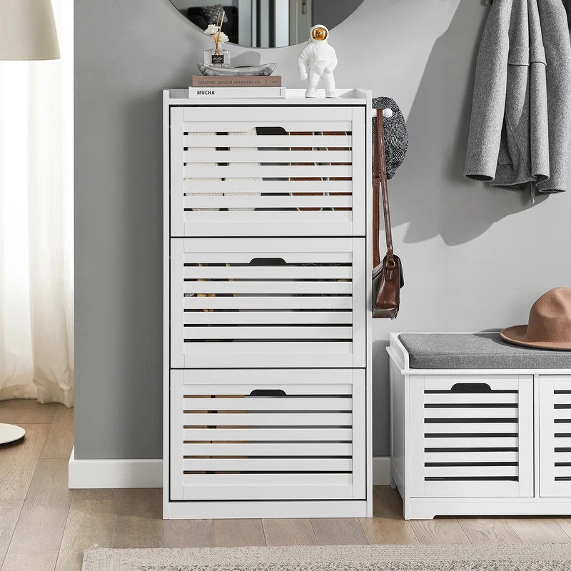 SoBuy FSR108-W Armoire à Chaussures 3 Abattants avec 2 Crochets et Porte-Manteau – 55×30×112 cm, 45 kg, MDF + Bambou, Blanc