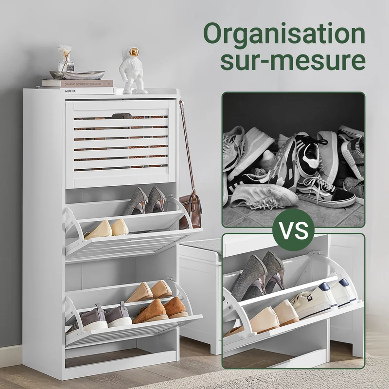 SoBuy FSR108-W Armoire à Chaussures 3 Abattants avec 2 Crochets et Porte-Manteau – 55×30×112 cm, 45 kg, MDF + Bambou, Blanc
