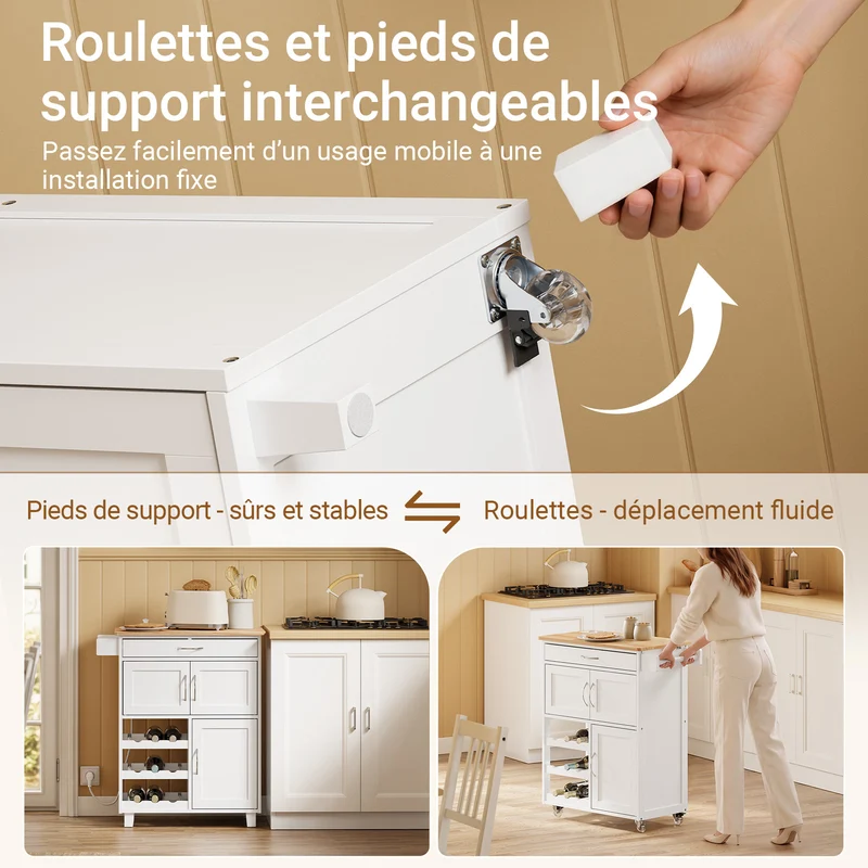 SoBuy FKW45-E-WN Desserte de Cuisine avec Prise Intégrée – 2 Prises + 2 USB, Casier à Bouteilles, Roulettes ou Pieds, 63 kg, Blanc et Bois