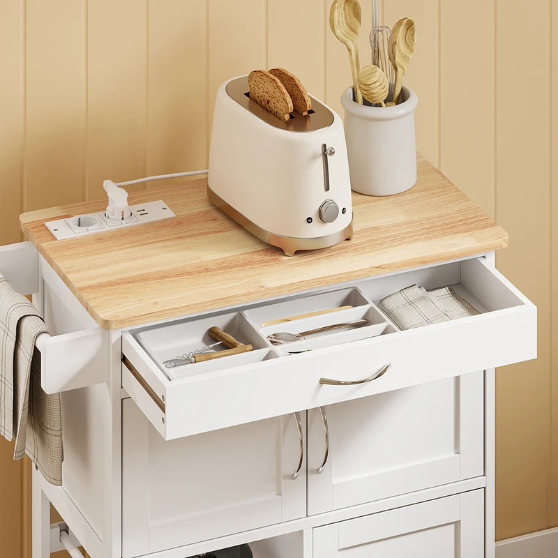 SoBuy FKW45-E-WN Desserte de Cuisine avec Prise Intégrée – 2 Prises + 2 USB, Casier à Bouteilles, Roulettes ou Pieds, 63 kg, Blanc et Bois